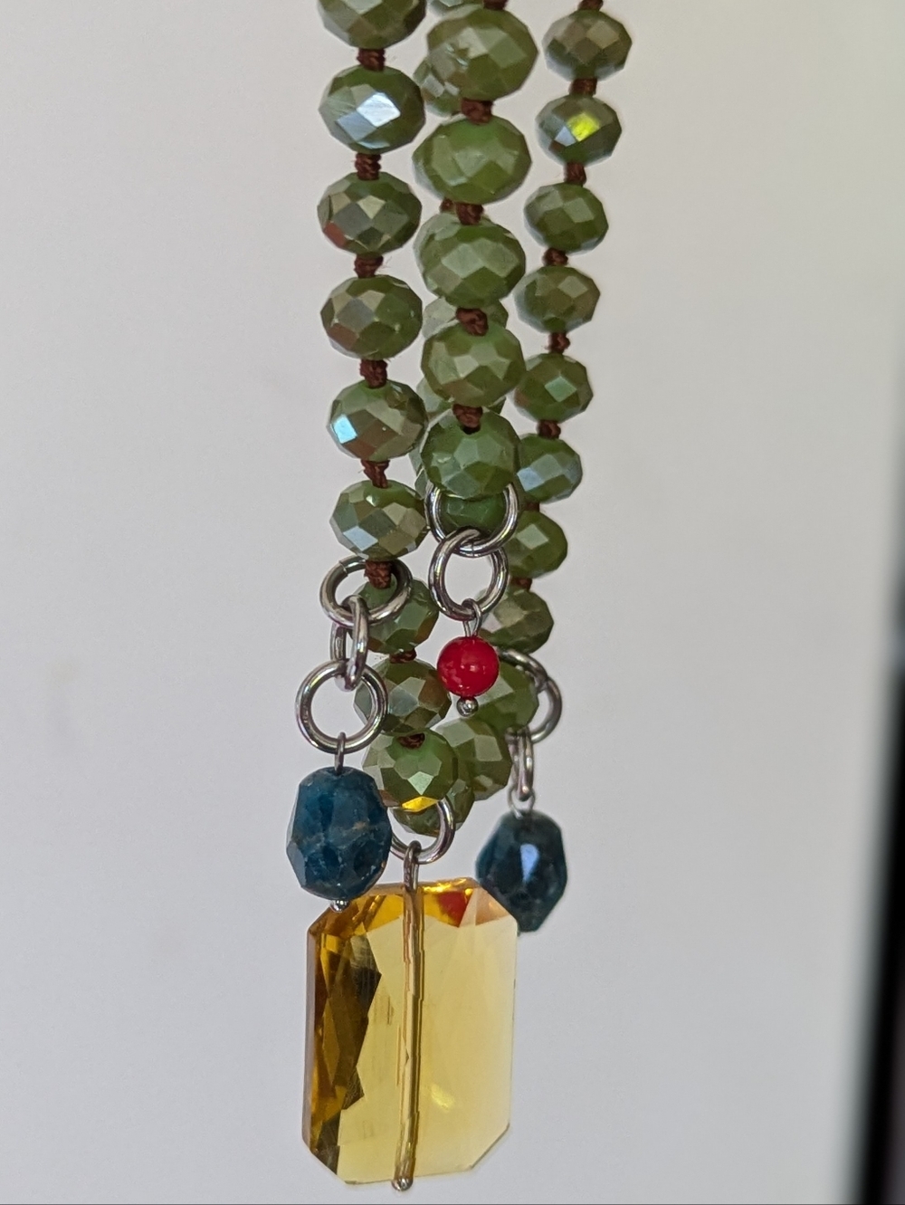 Katia Designs Green Olivine Crystal Necklace Yellow, Aqua, Red Accent Beads - Picture 3 of 5